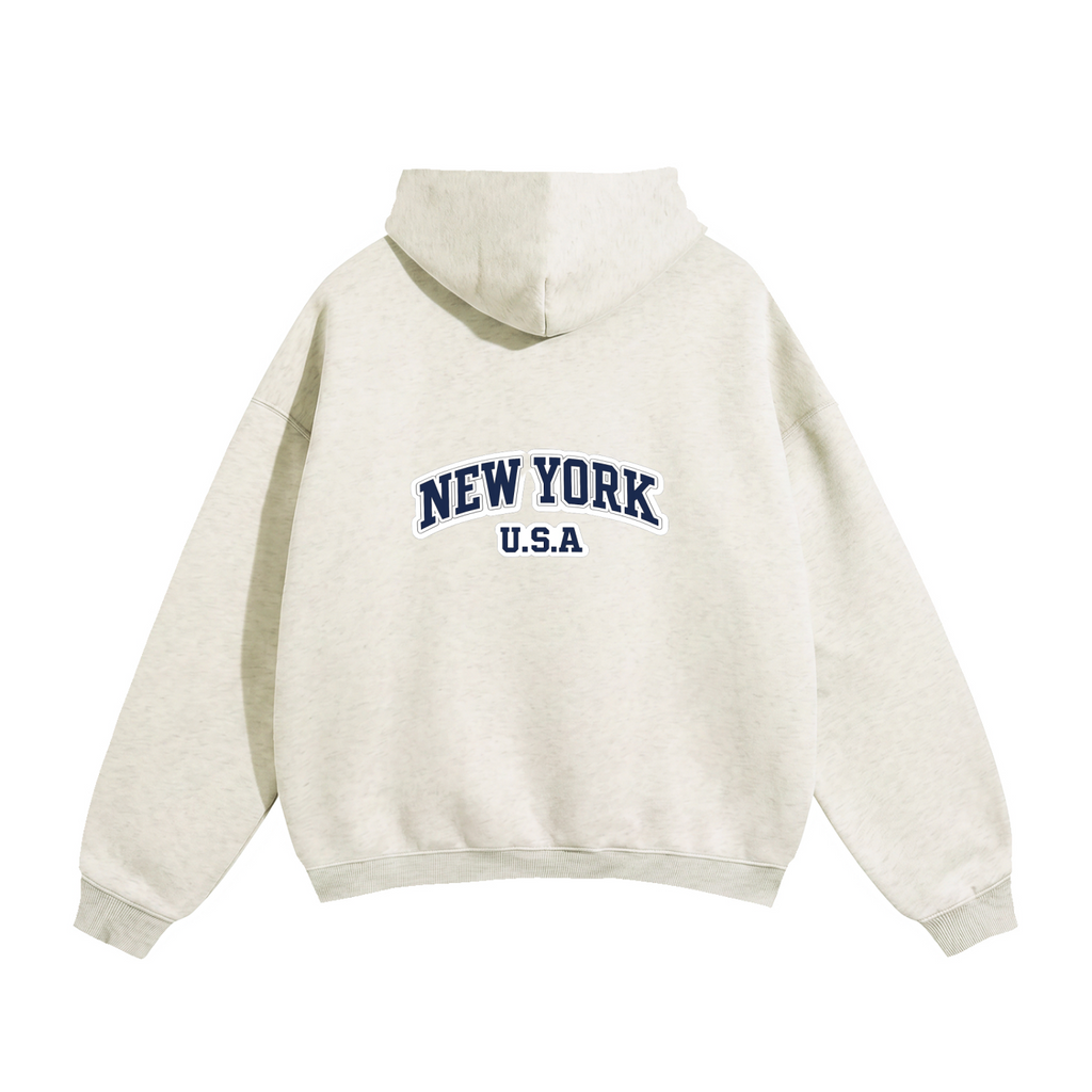 Oversize Fleeced Hoodie In Oat Grey "New York USA"