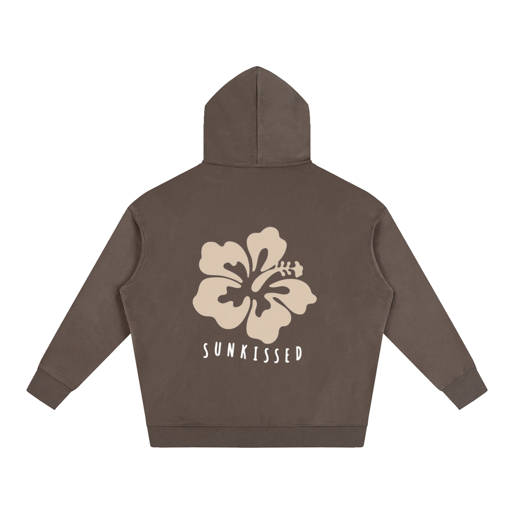 Oversize Fleeced Hoodie Dark Brown, Sun kissed Hibiscus in Beige