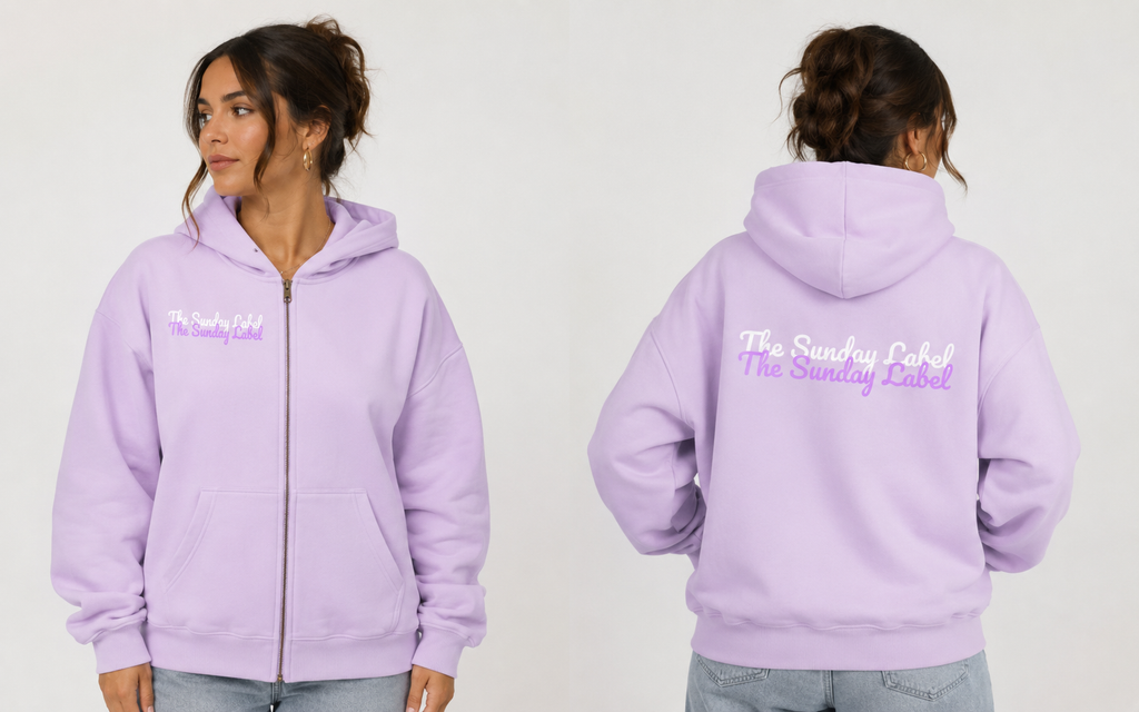 Essential Oversized Fleece Boxy Hoodie Zip Up In Light Purple "The Sunday Label"