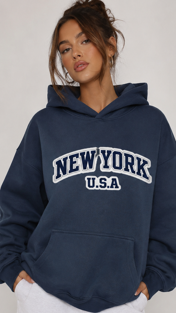 Oversize Fleeced Hoodie Navy Blue "New York USA"