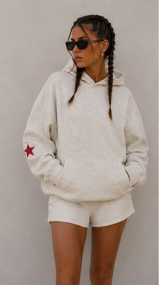 The Sunday Label Oversize Fleeced Hoodie Oat Grey, White, Maroon Star