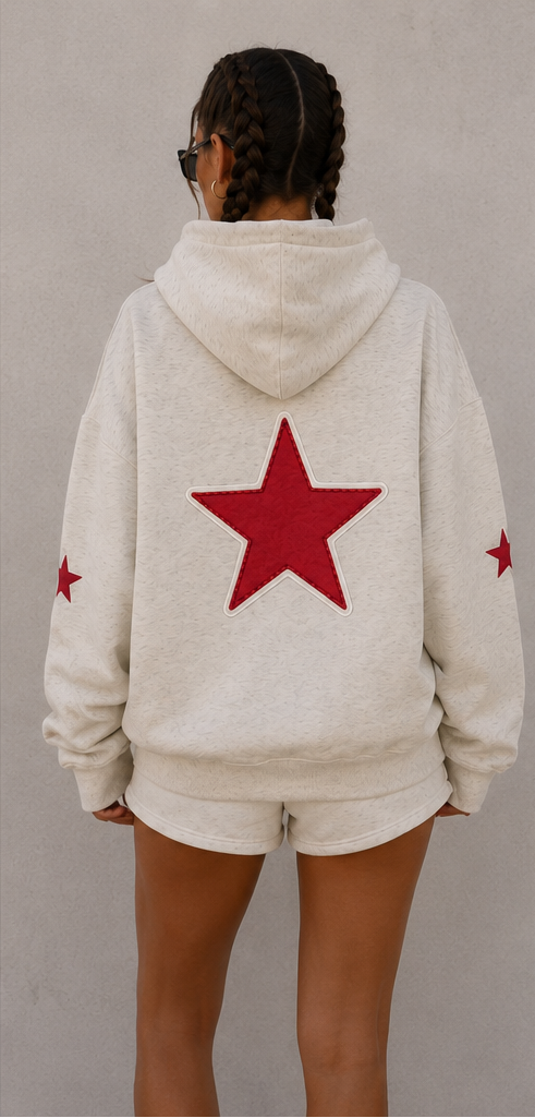 The Sunday Label Oversize Fleeced Hoodie Oat Grey, White, Maroon Star