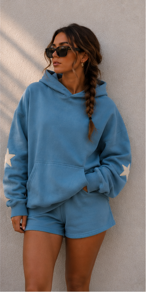 The Sunday Label Oversize Fleeced Hoodie Medium Blue, Cream Star