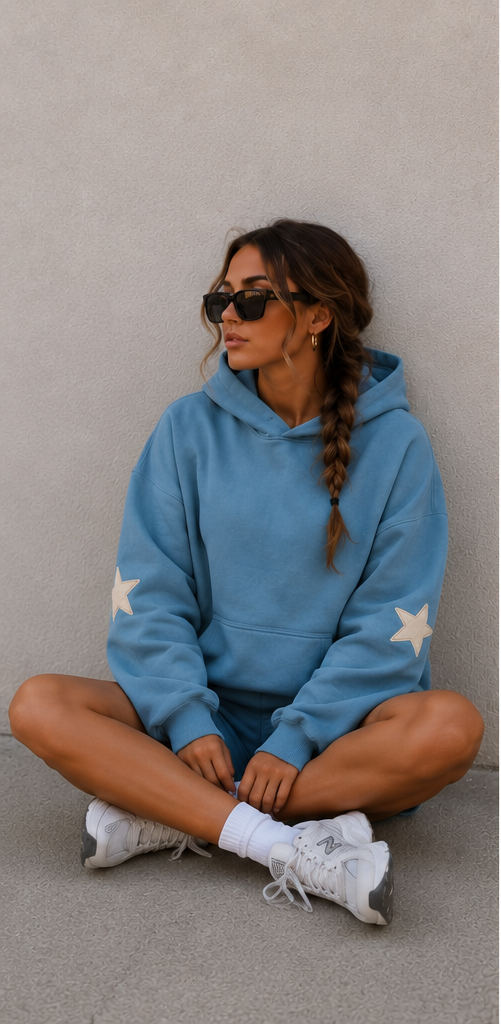 The Sunday Label Oversize Fleeced Hoodie Medium Blue, Cream Star