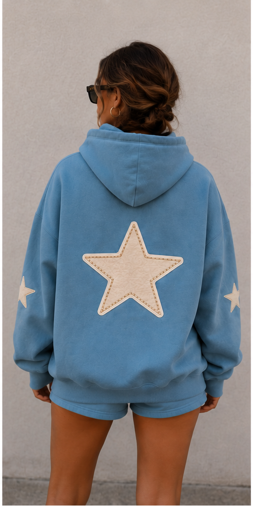 The Sunday Label Oversize Fleeced Hoodie Medium Blue, Cream Star