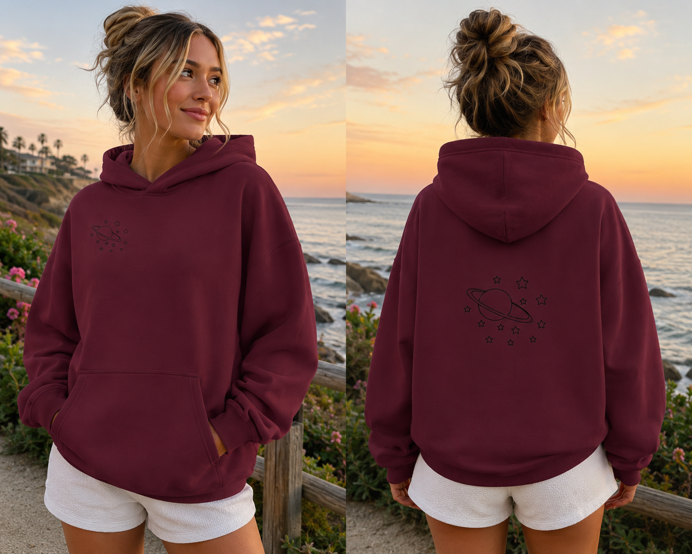 Essential Heavyweight Hoodie comes in Plum Red, Baby blue, and Beige.