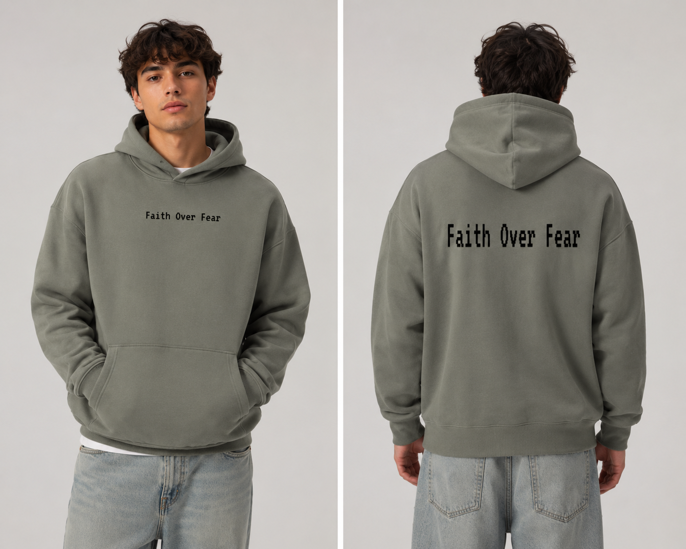 Oversize Fleeced Hoodie "Faith Over Fear" Oat Gray, Gray, White