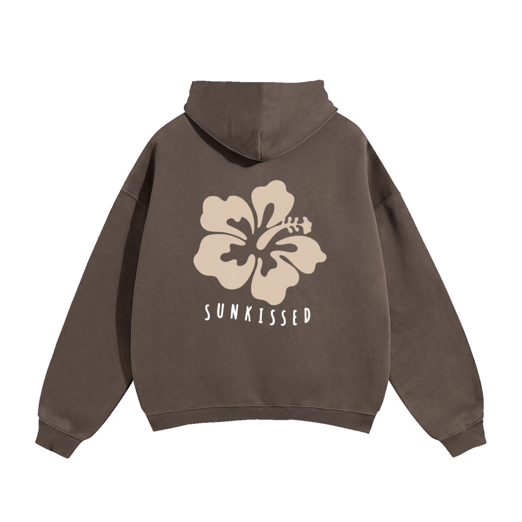 Oversize Fleeced Hoodie Dark Brown, Sun kissed Hibiscus in Beige