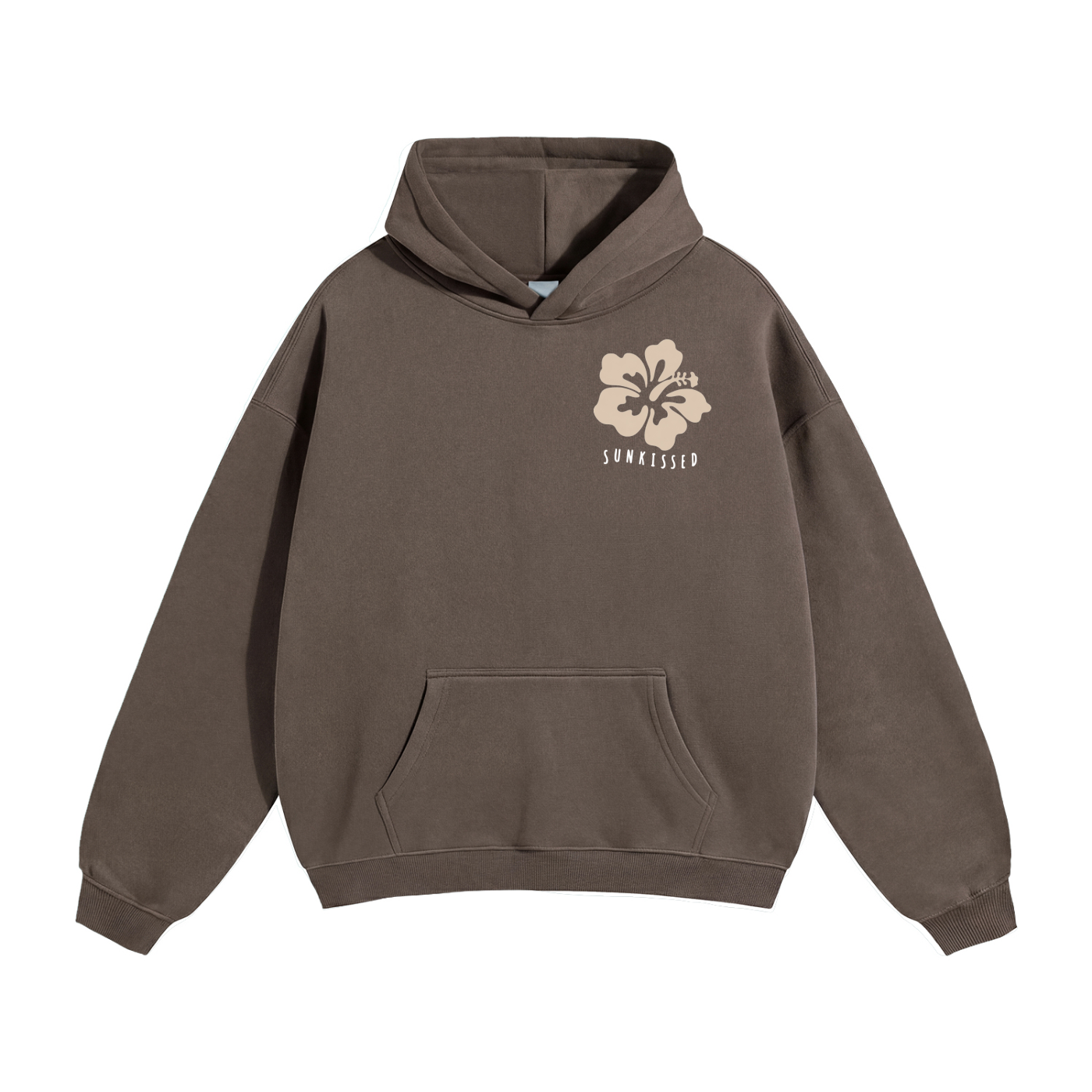 Oversize Fleeced Hoodie Dark Brown, Sun kissed Hibiscus in Beige