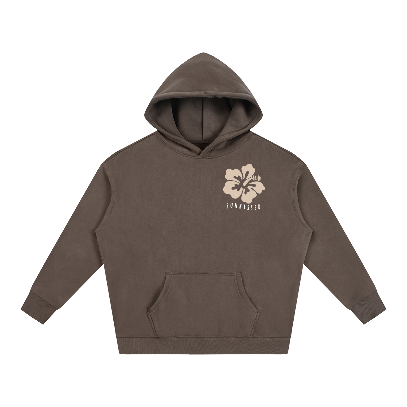 Oversize Fleeced Hoodie Dark Brown, Sun kissed Hibiscus in Beige