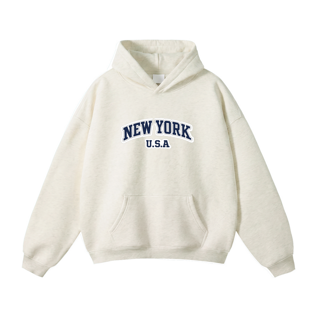 Oversize Fleeced Hoodie In Oat Grey "New York USA"